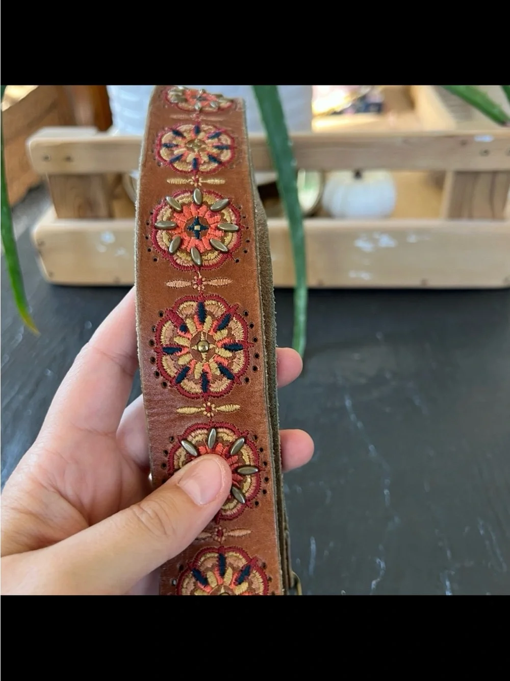 Lucky Brand Leather Embroidered Belt Brass Buckle Size L